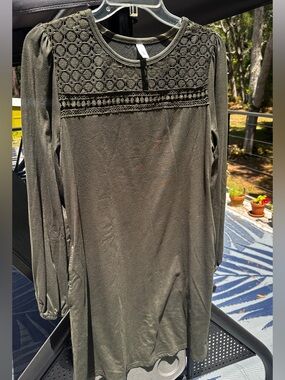 Olive Green Lace Yoke Long Sleeve Tunic with pockets